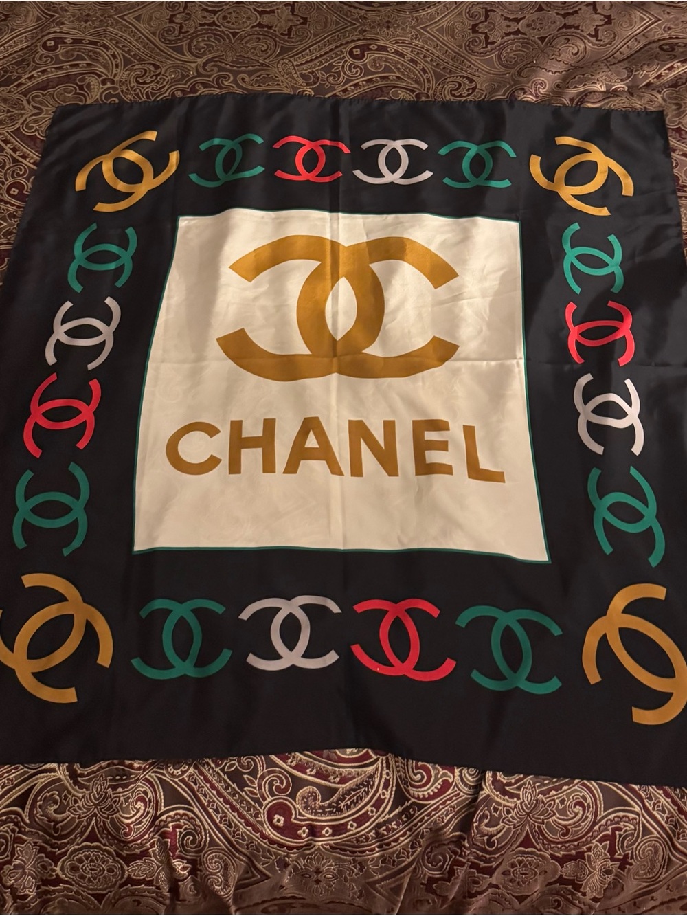 CHANEL Black, Gold & Multicolor Interlocking Logo Silk Scarf